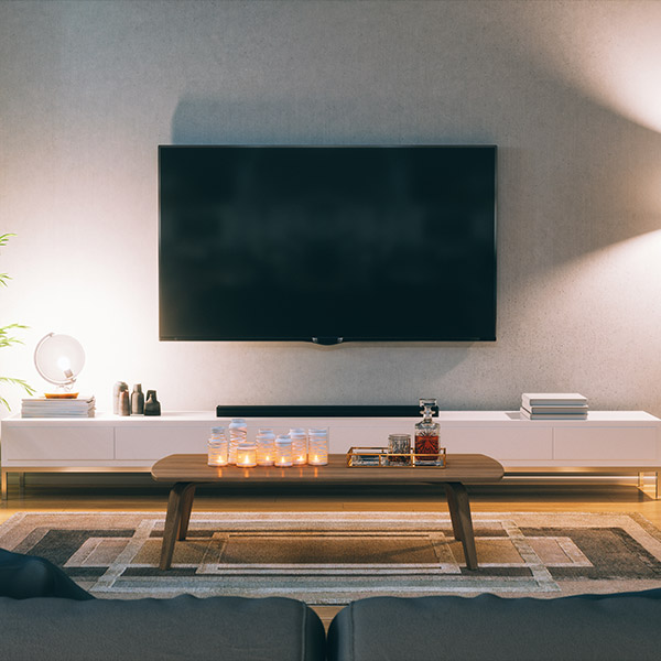 Living room with home entertainment center at night